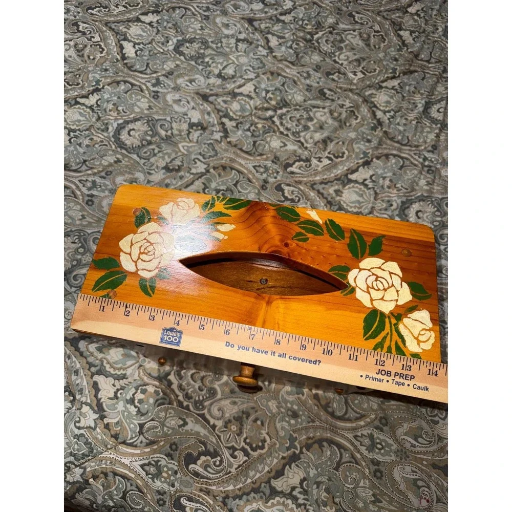 Vintage Hand Painted Wood Jewelry Box Tissue Holder Combo Floral Rose 2 Drawer